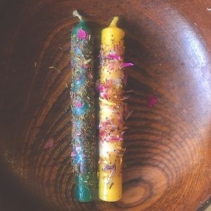 2 Spell Candles 1 Money Spell green, and 1 beeswax Personal Power chime size